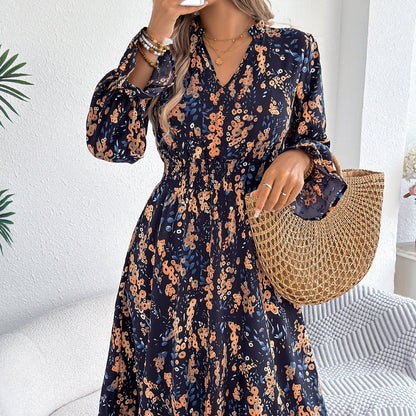 Women Clothing Spring Summer Casual Floral Flared Sleeve Waist A line Dress