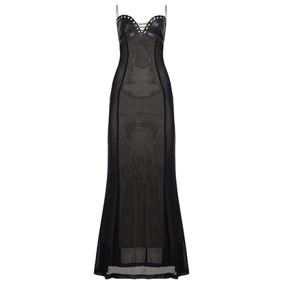 Sexy Elegant Lace up Chest Cover Eyelet Halter Dress Mesh Leather Slim Fit Patchwork Hip Wrapped Dress