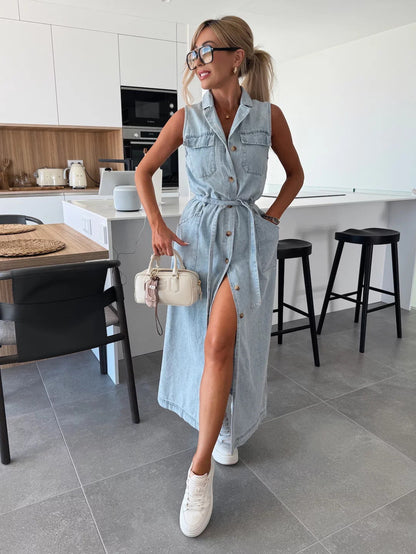 Women Sleeveless Long Tie Waist Single Breasted Denim Dress