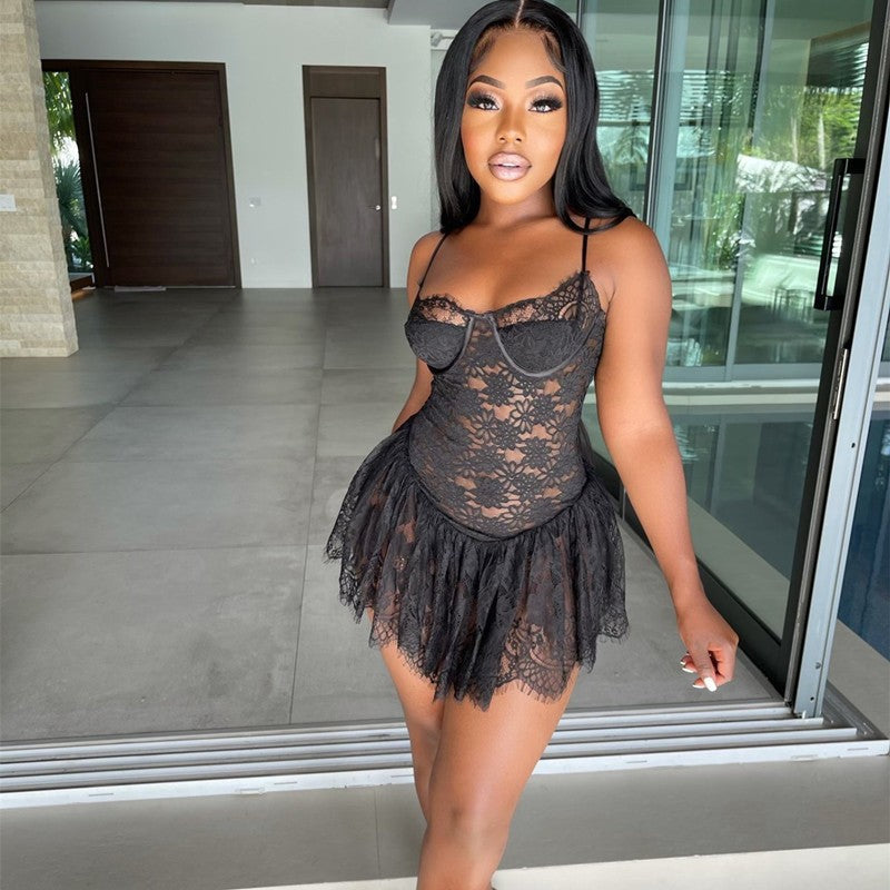 Women Clothing Eyelash Lace Sexy Sleeveless Sling Dress Short Women Clothing