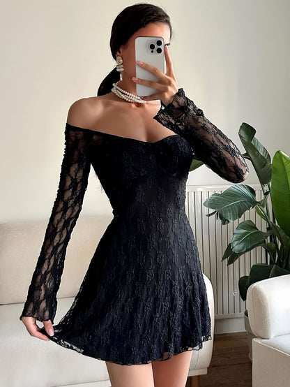 Women Clothing Autumn Winter Women Dress Sexy Square-Neck Lace Long Sleeve Slim Fit Sheath Dress Women