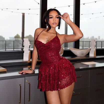 Women Sleeveless Backless Sexy Sequined Suspender Short Dress Nightclub Sexy Dress