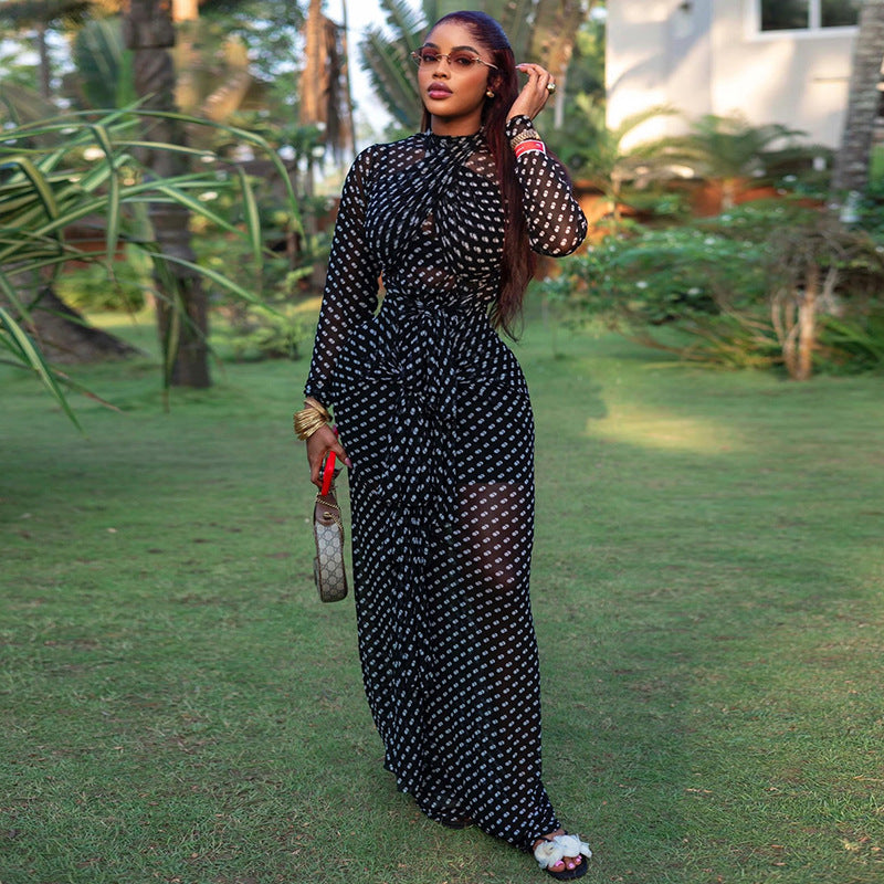 Outdoor Elegant Women Clothing Polka Dot Cinched Hip Dress Turtleneck Long Sleeve Travel Tight Dress