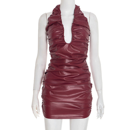 Women Clothing Autumn Solid Color Sexy Faux Leather Halter Sleeveless Slim Deep V Plunge Short Dress
