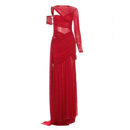 Autumn Sexy Slim Fit See through Irregular Asymmetric Ribbon Solid Color Dress Women