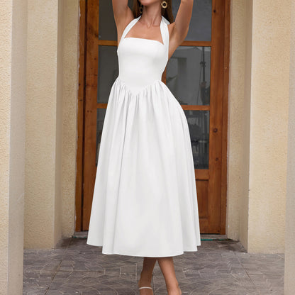 Vacation Elegant Halter Tied Slim Fit Slimming Dress Sexy Backless Solid Color Midi Dress