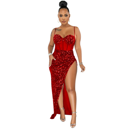 Suspenders Sequin Mesh See through Irregular Asymmetric Slit Dress Women