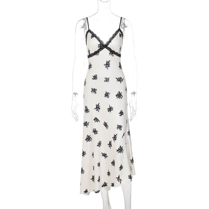 Sexy Stitching Lace V neck Sleeveless Printed Slim Fit Long Strap Dress Women