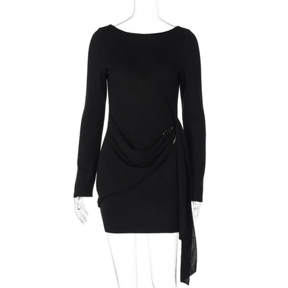 Women Clothing Autumn Solid Color Elegant Sexy Backless Long Sleeve Ribbon Dress Women