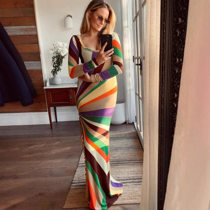 Women Clothing Sexy Rainbow Printing Fashionable Fitted Long Sleeve Hip Bag Maxi Dress Women