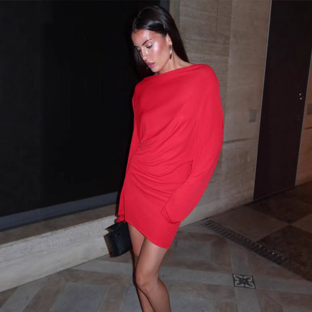 Red Women V Shaped Backless Elegant Socialite Solid Color Slim Dress Women