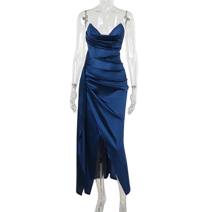 Autumn Socialite Elegant Sexy Slim Deep V Plunge Waist Satin Split Dress Women