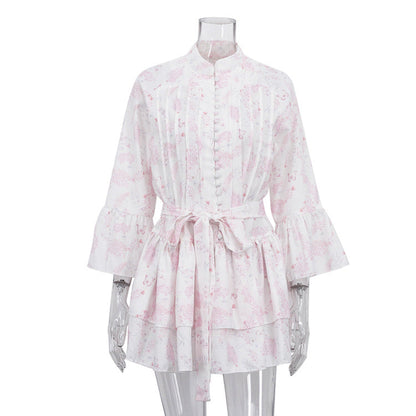 French Short Print Elegant Dress for Women Stand up Collar Flared Sleeves Single Breasted Lace up A line Dress