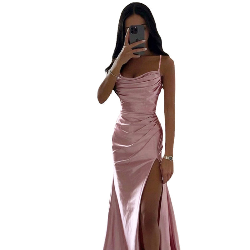 Women Spring Tube Top Pleated Slit Satin Dress Sexy Slim Hip Dress