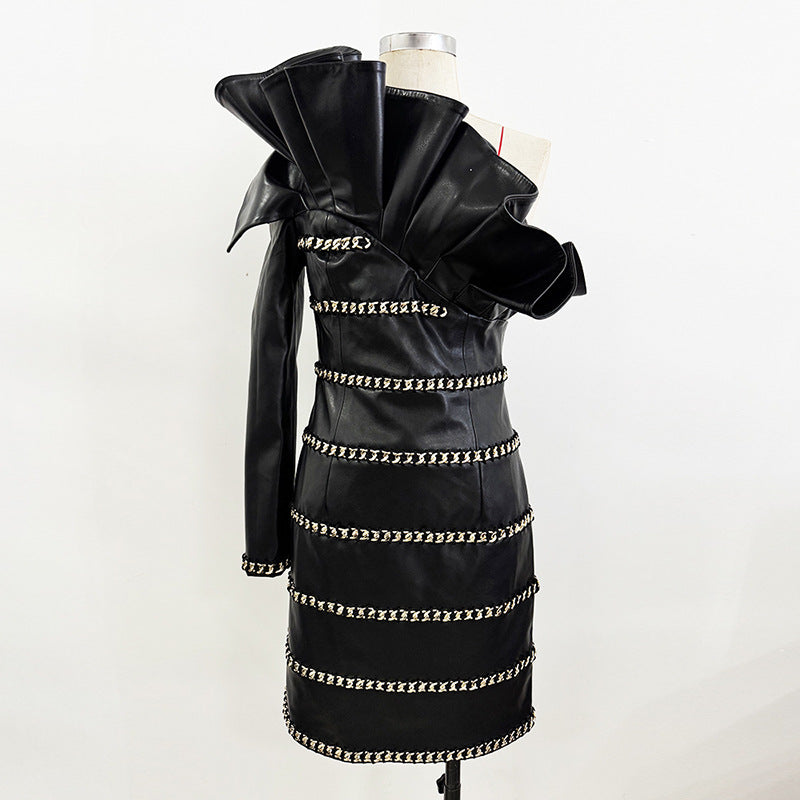 Autumn Winter Stars Heavy Industry Chain Three Dimensional Lotus Leaf Single Sleeve Leather Dress