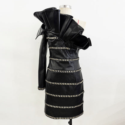 Autumn Winter Stars Heavy Industry Chain Three Dimensional Lotus Leaf Single Sleeve Leather Dress