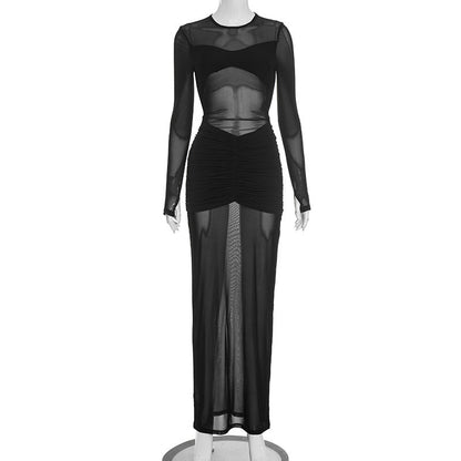 Women Clothing Autumn Arrival Solid Color Sexy Cutout Mesh Pleated Stitching Maxi Dress