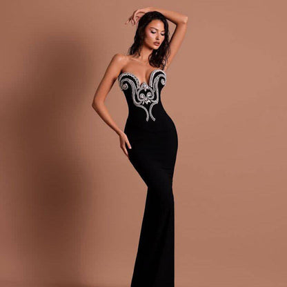 Niche Design Beads Rhinestones Tube Top Bandage One Piece Dress Party Evening Dress Slim Fit Maxi Dress