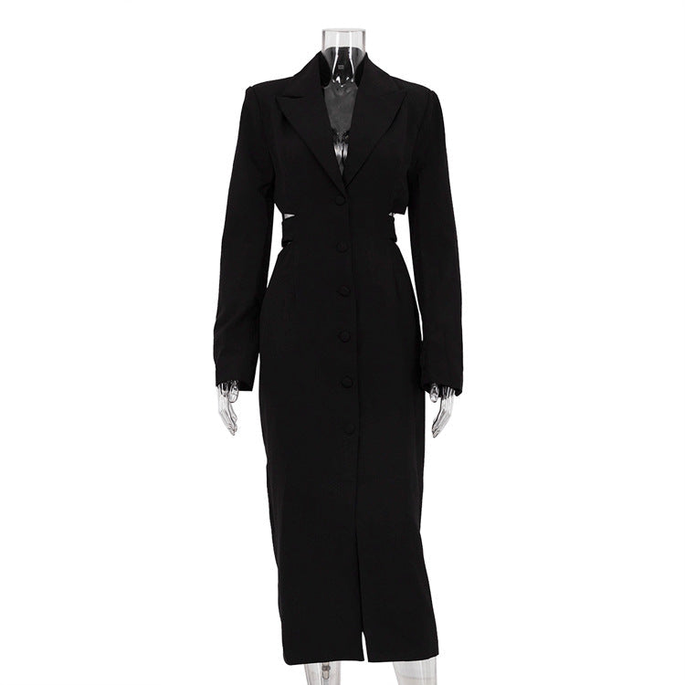 Hollow Out Cutout out Cropped Design High Sense Business Dress Office Single Breasted Long Sleeve Hip
