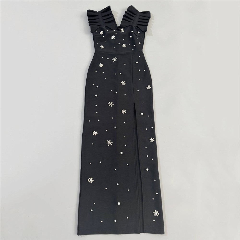 Pleated Lace Beaded Rhinestone Sleeveless Bandage One Piece Dress Socialite Gathering Party Evening Dress