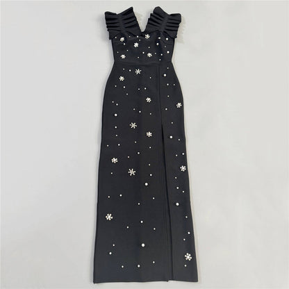 Pleated Lace Beaded Rhinestone Sleeveless Bandage One Piece Dress Socialite Gathering Party Evening Dress