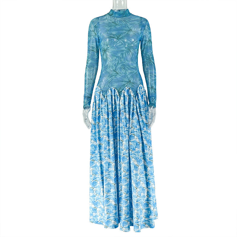 Printing Stitching Women Clothing Slightly Transparent Fresh A line Dress Turtleneck Elastic Slim Fit Long Sleeve Dress