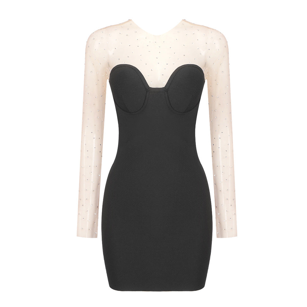 Summer Black Particle Diamond Mesh Stitching Bandage Elastic Dress Women Clothing