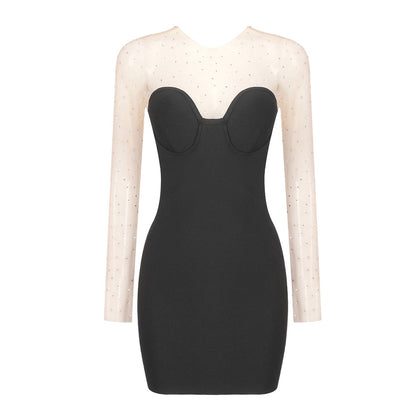 Summer Black Particle Diamond Mesh Stitching Bandage Elastic Dress Women Clothing