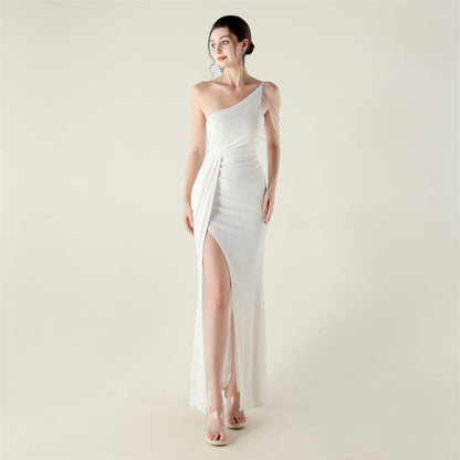 One Shoulder Diagonal Collar Sequined Clothing Beaded Bead Necklace Decorative Nightclub Cocktail Wedding