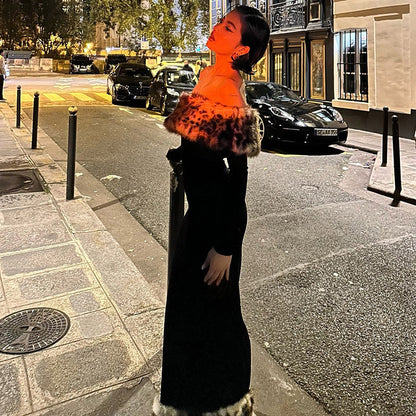 Women Sexy Elegant Leopard Print Fur Stitching off Shoulder Dress