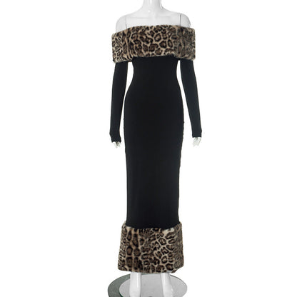 Women Sexy Elegant Leopard Print Fur Stitching off Shoulder Dress