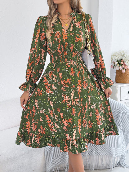 Women Clothing Spring Summer Casual Floral Flared Sleeve Waist A line Dress