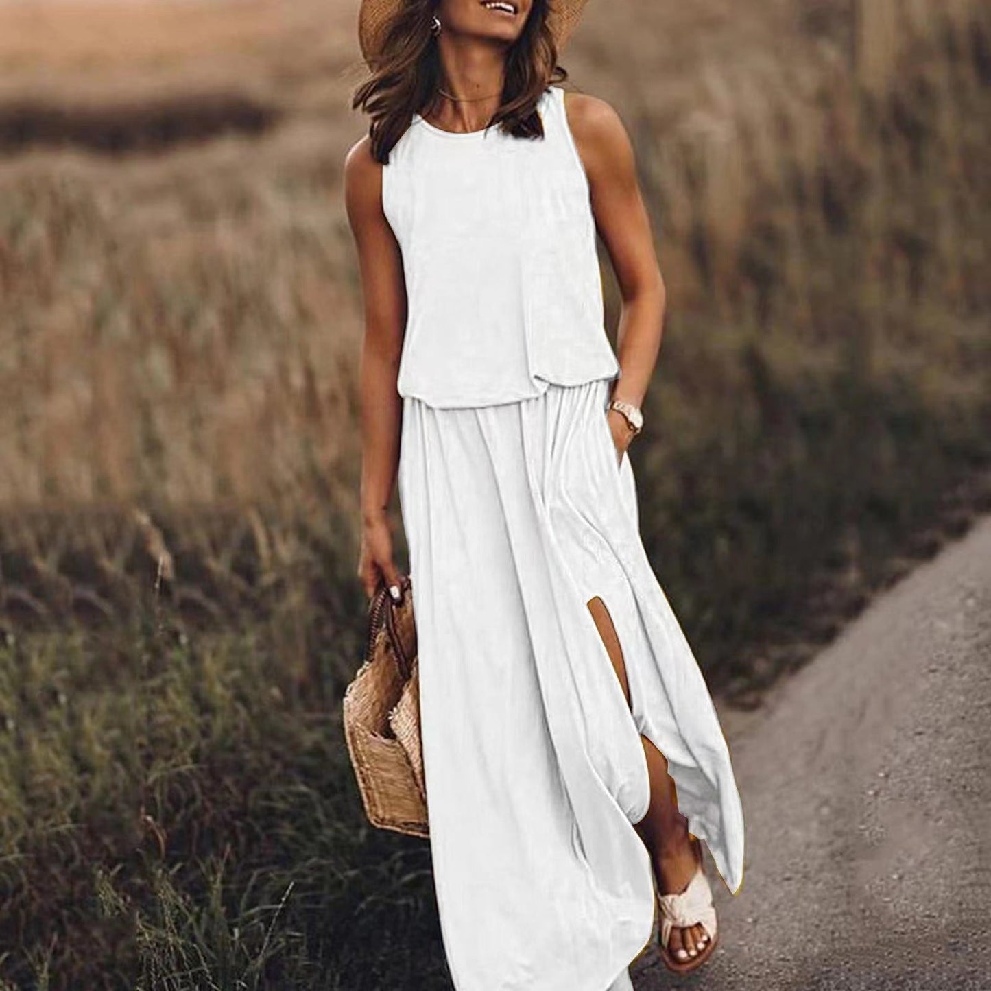Summer Holiday Solid Color round Neck Sleeveless Suspender Lantern Fork Dress Maxi Dress