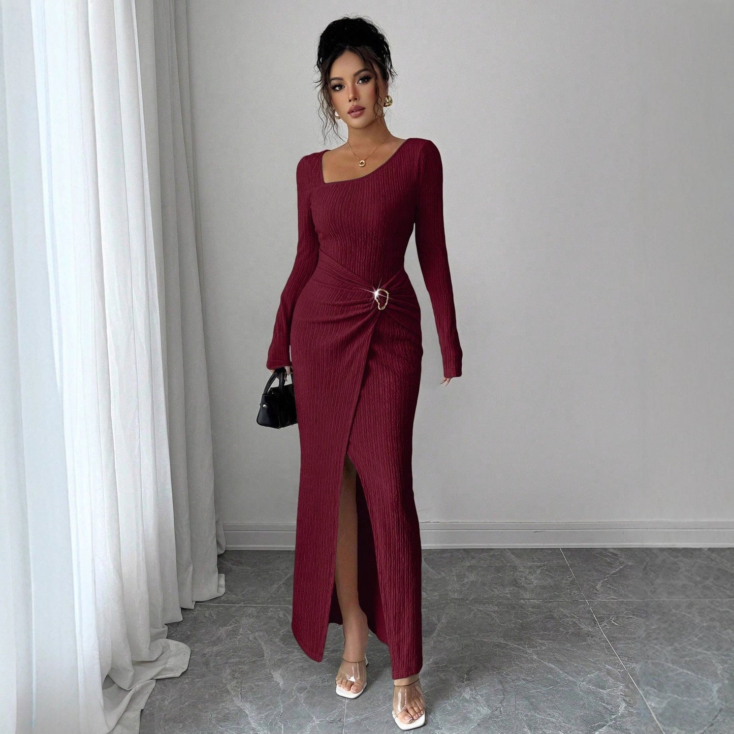 Autumn Winter Irregular Asymmetric Neckline Solid Color Knitted Texture Maxi Dress Women