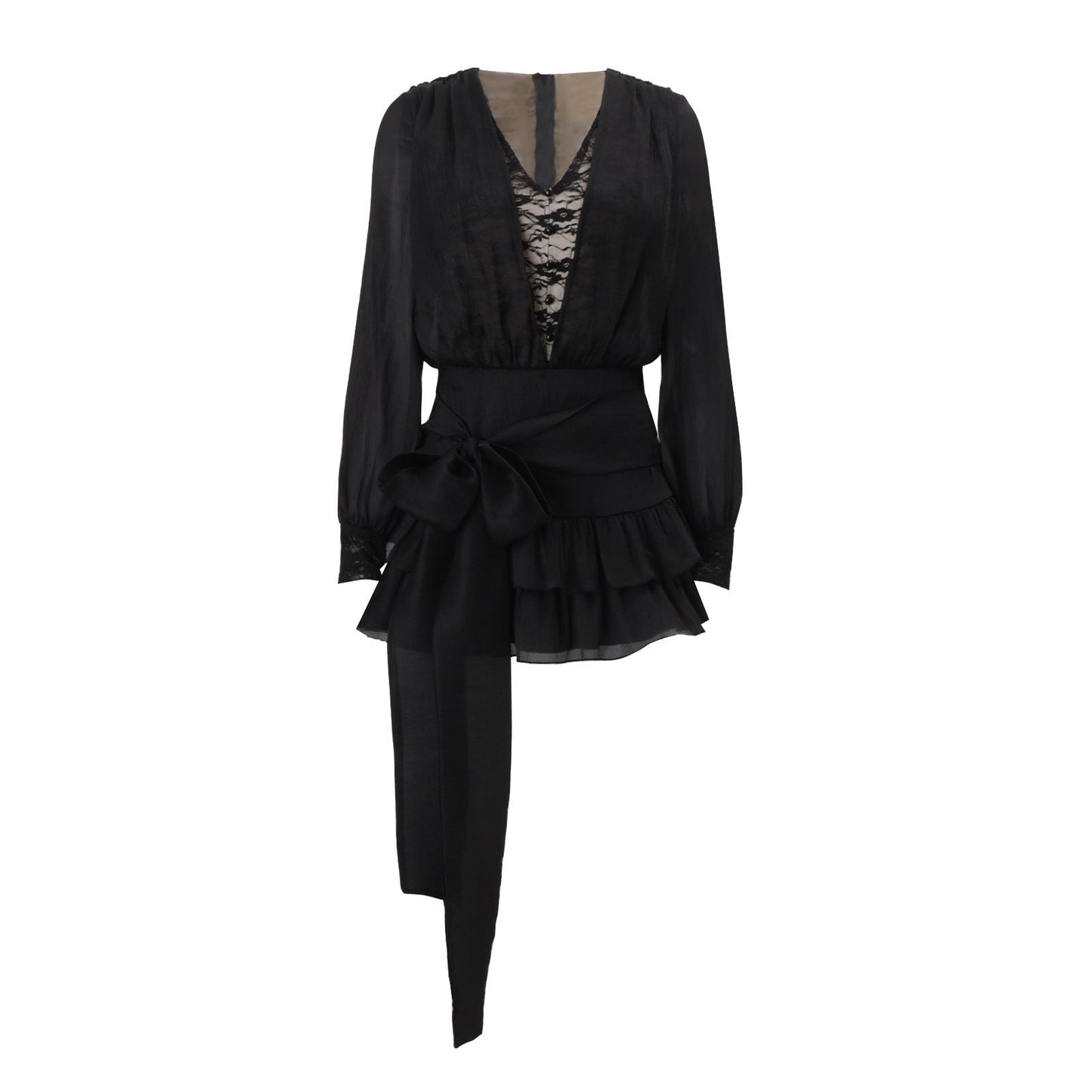 Autumn French Pure Lace Splicing Sexy V neck Long Sleeve Dress
