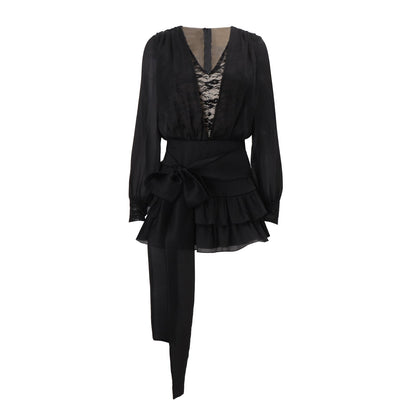 Autumn French Pure Lace Splicing Sexy V neck Long Sleeve Dress
