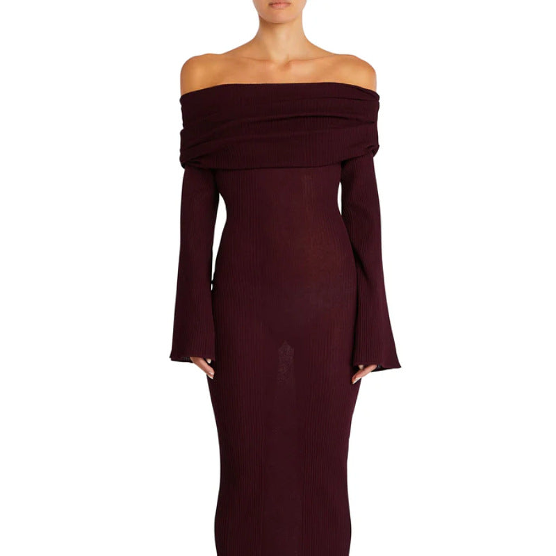 Maxi Dress Women Sexy Solid Color Long Sleeve off Shoulder Pleated Knitted Dress Women