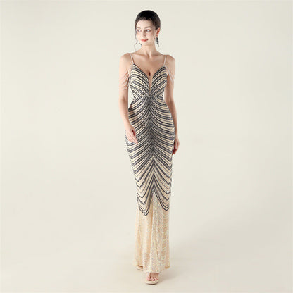 Deep V Plunge neck Wave Gradient Sequin Evening Dress Positioning Floral Cutting Craft Beaded Cocktail Battle Gown