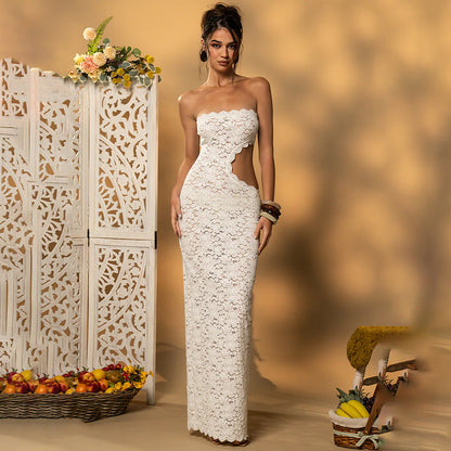 Summer Sexy Lace Hollow Out Cutout Split Women Tube Top Dress