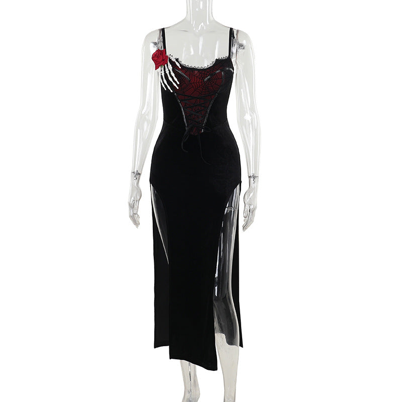 Women Clothing Autumn Halloween Dark Slightly Transparent Spider Web Smock Top Gothic Two Piece Dress Set