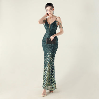 Deep V Plunge neck Wave Gradient Sequin Evening Dress Positioning Floral Cutting Craft Beaded Cocktail Battle Gown