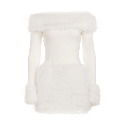 Autumn Winter Elegant Women Party Furry Stitching off Shoulder Dress Sexy Slim Long Sleeve Hip Dress