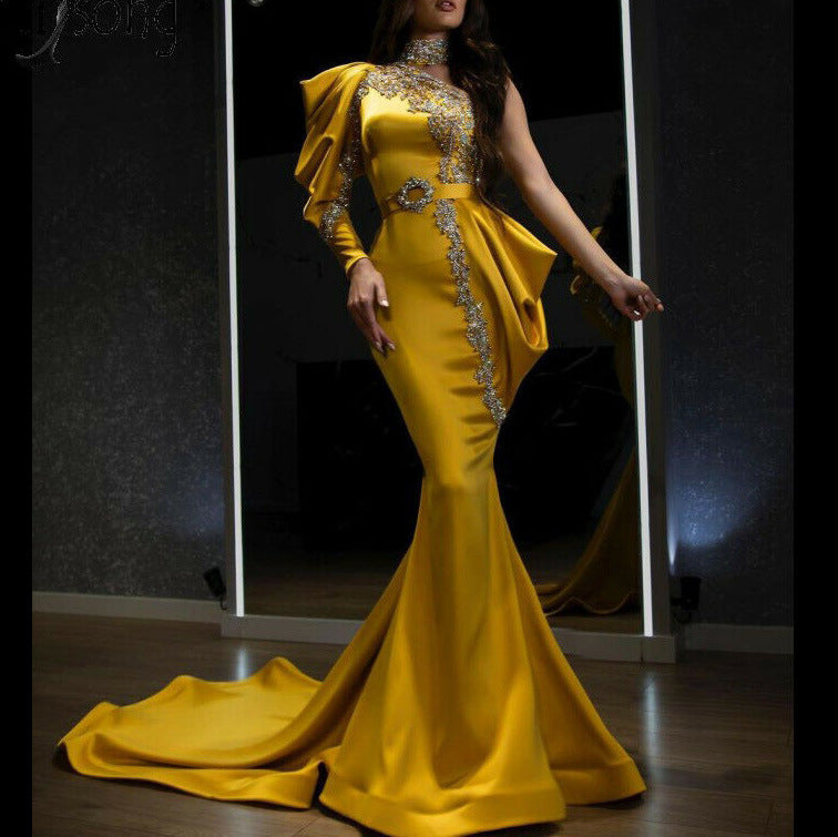 Women Clothing Evening Dress Gold High Collar Dress Cocktail Dress