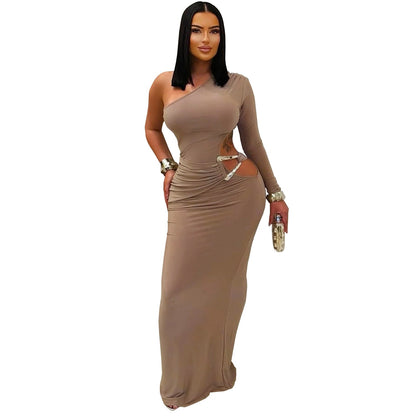 Women Wear Sexy Oblique Shoulder Single Sleeve Slim Fit Solid Color Dress
