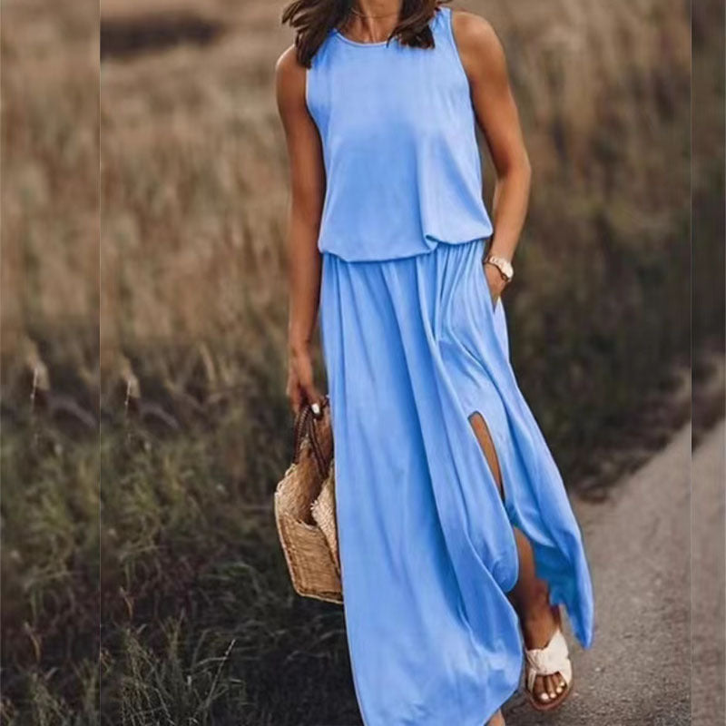 Summer Holiday Solid Color round Neck Sleeveless Suspender Lantern Fork Dress Maxi Dress