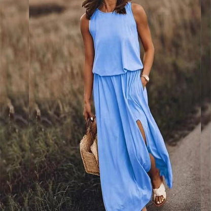 Summer Holiday Solid Color round Neck Sleeveless Suspender Lantern Fork Dress Maxi Dress