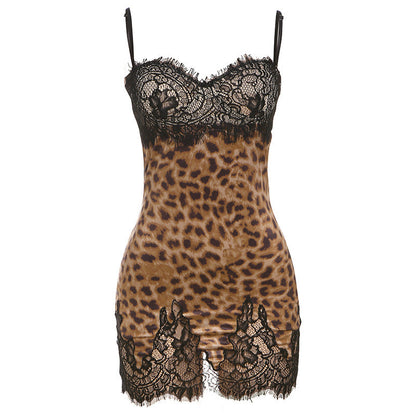 Summer Women Clothing Sexy Leopard Print Slim Fit Backless Lace Splicing Sling Dress