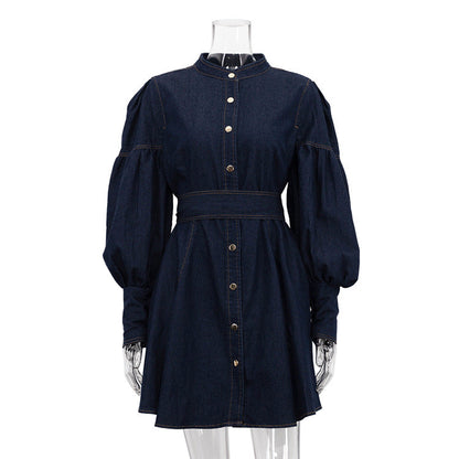 Denim Shirt Dress Niche Design Lantern Sleeve Lace up Graceful Fashionable Dress