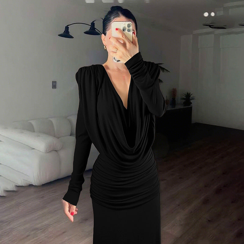 Fall Women Clothing Sexy Backless Swing Collar Slim Pleated Solid Color Long Sleeve Dress