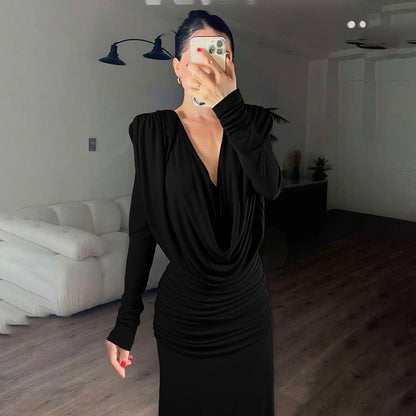 Fall Women Clothing Sexy Backless Swing Collar Slim Pleated Solid Color Long Sleeve Dress